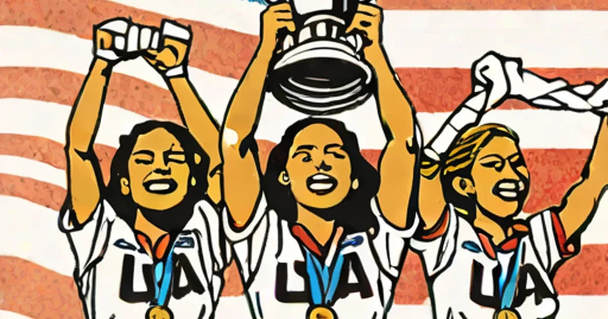 Female athletes in USA jerseys celebrate while holding a trophy
