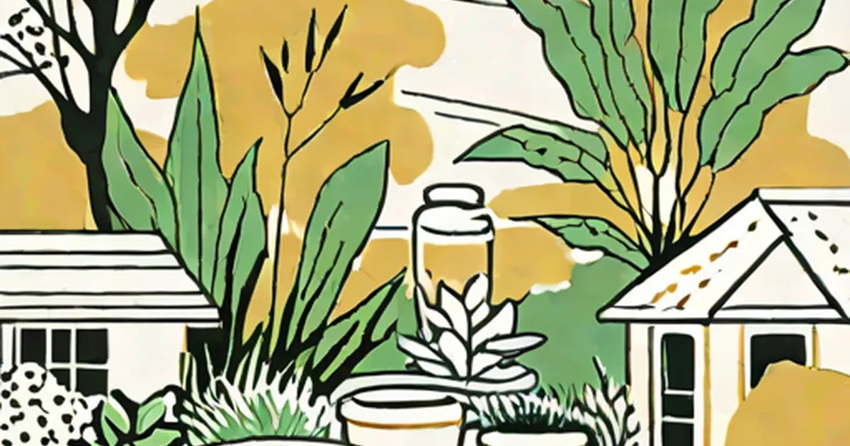 Illustrated garden landscape with potted plants, flowering trees, and residential buildings