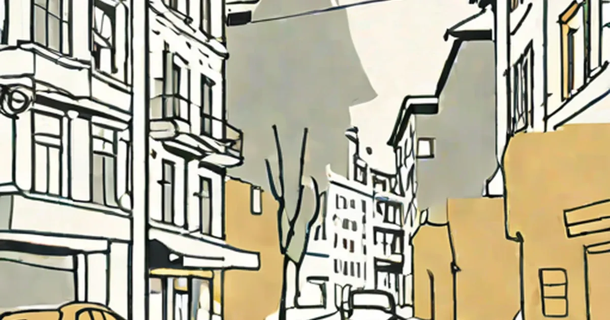 Smog clouds form a human head silhouette above a city street with buildings and a bare tree