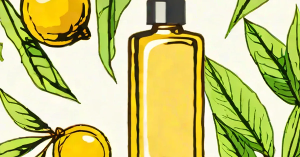Golden jojoba oil in a yellow bottle with green leaves and berries