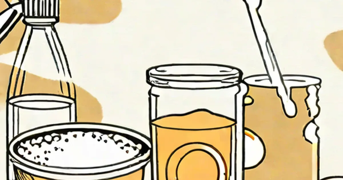 White powder and solutions of washing soda in glass containers with a brush