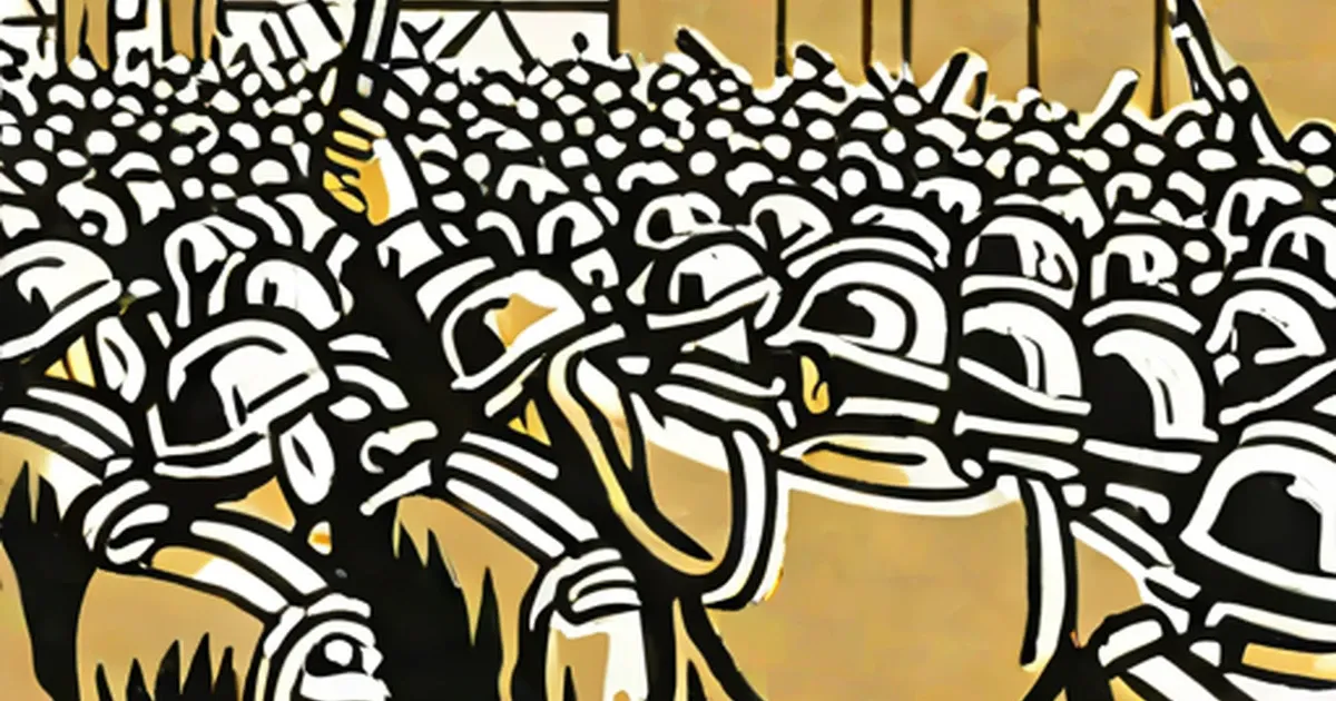 Crowd of stylized figures wearing helmets, illustrated in bold black and gold