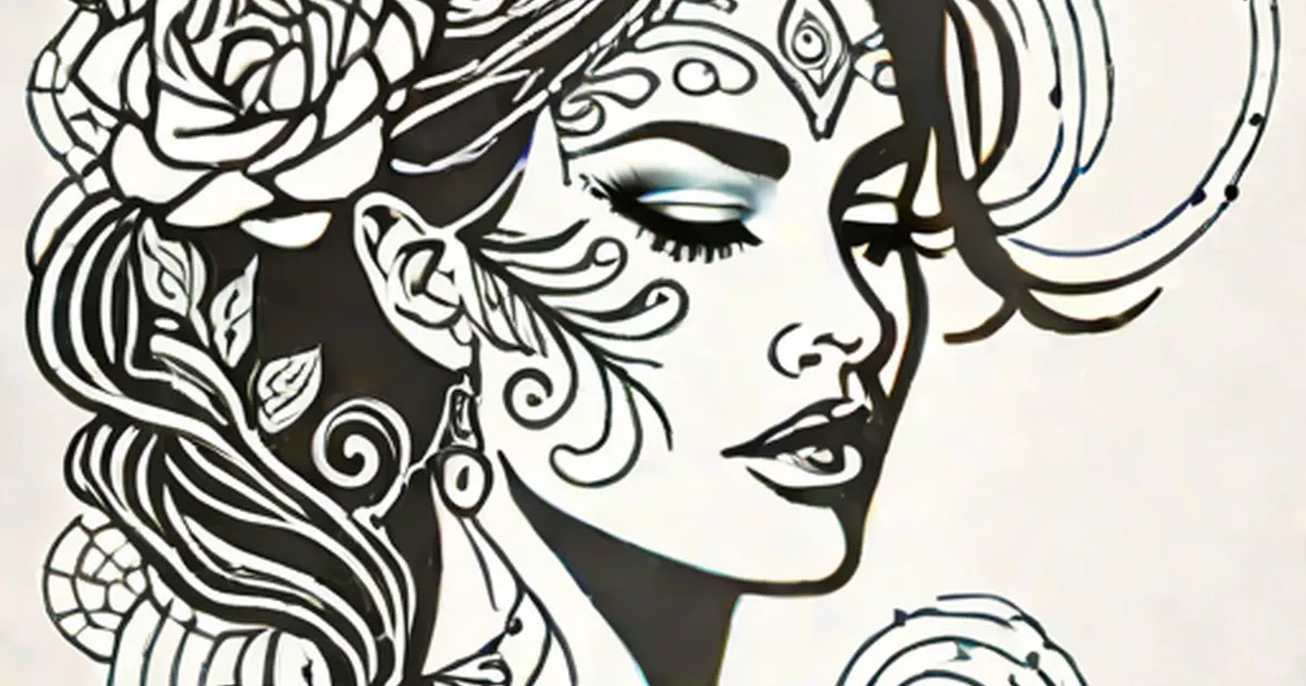 Woman’s profile illustration with ornamental tattoo designs and glowing blue UV accents