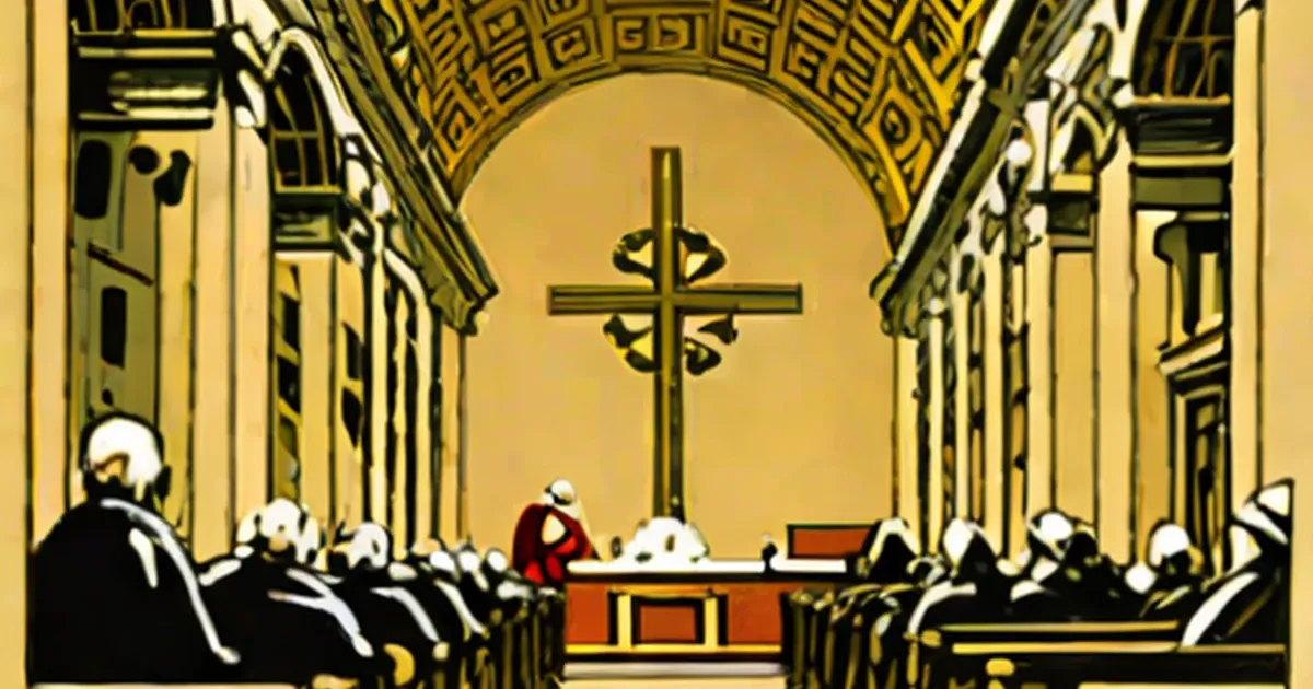Cathedral interior with ornate gold ceiling and central cross