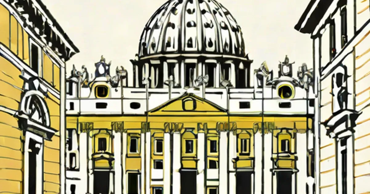 St. Peter’s Basilica dome and portico illustrated in yellow, white and black
