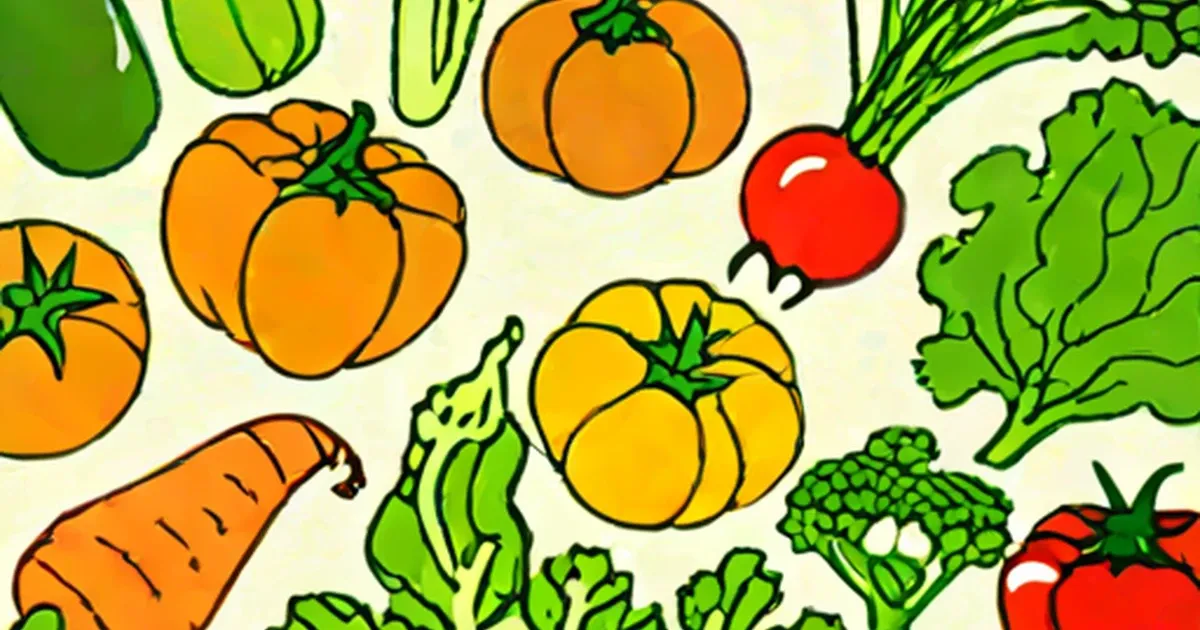 Cartoon vegetables including peppers, leafy greens, tomatoes, and carrots
