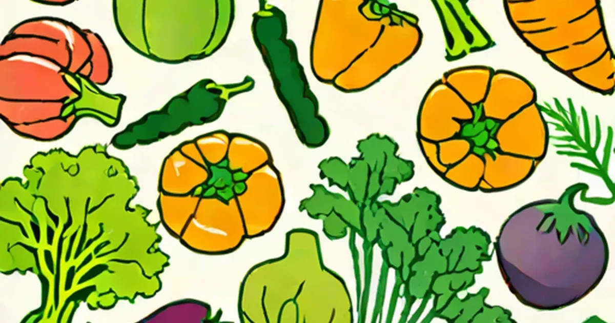 Illustrated vegetables including peppers, tomatoes, carrots, lettuce, and greens on a cream-colored background