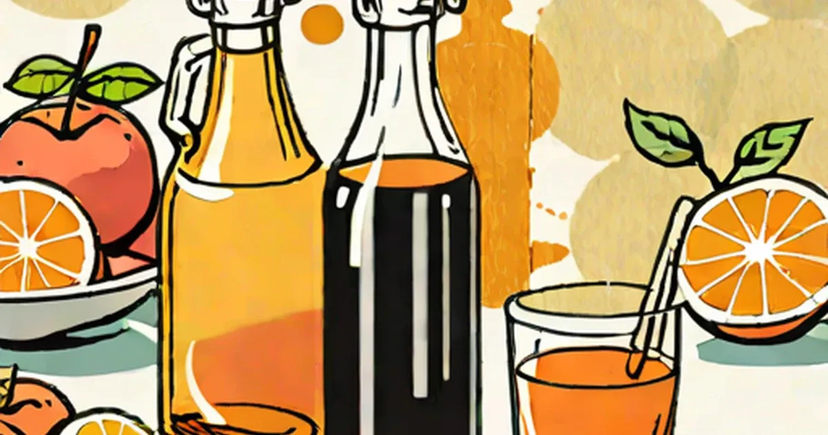 Light and dark vinegar bottles with fresh citrus and juice