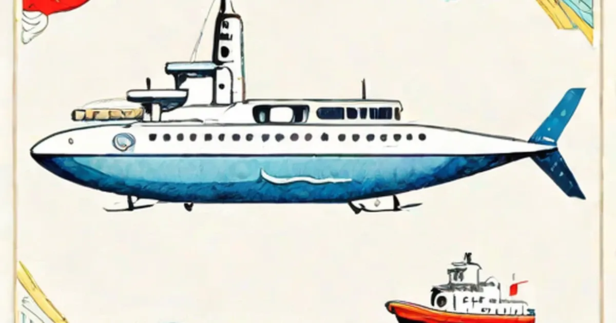Submarine with white and blue hull sections and portholes along the side