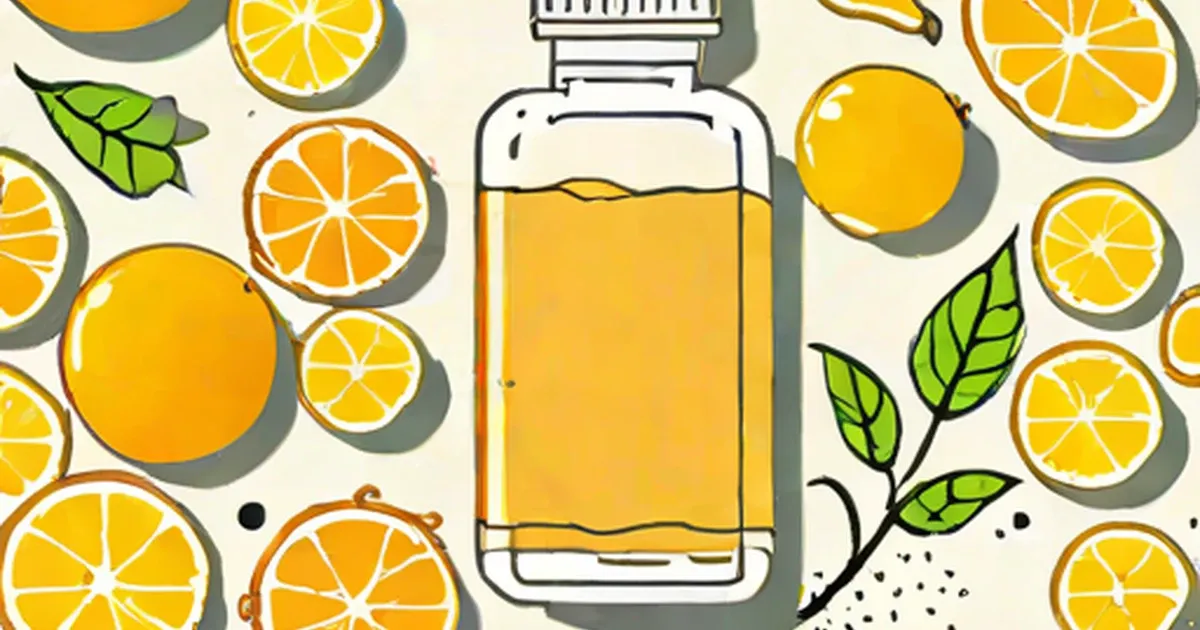 Vitamin D supplement bottle among fresh oranges and lemon slices