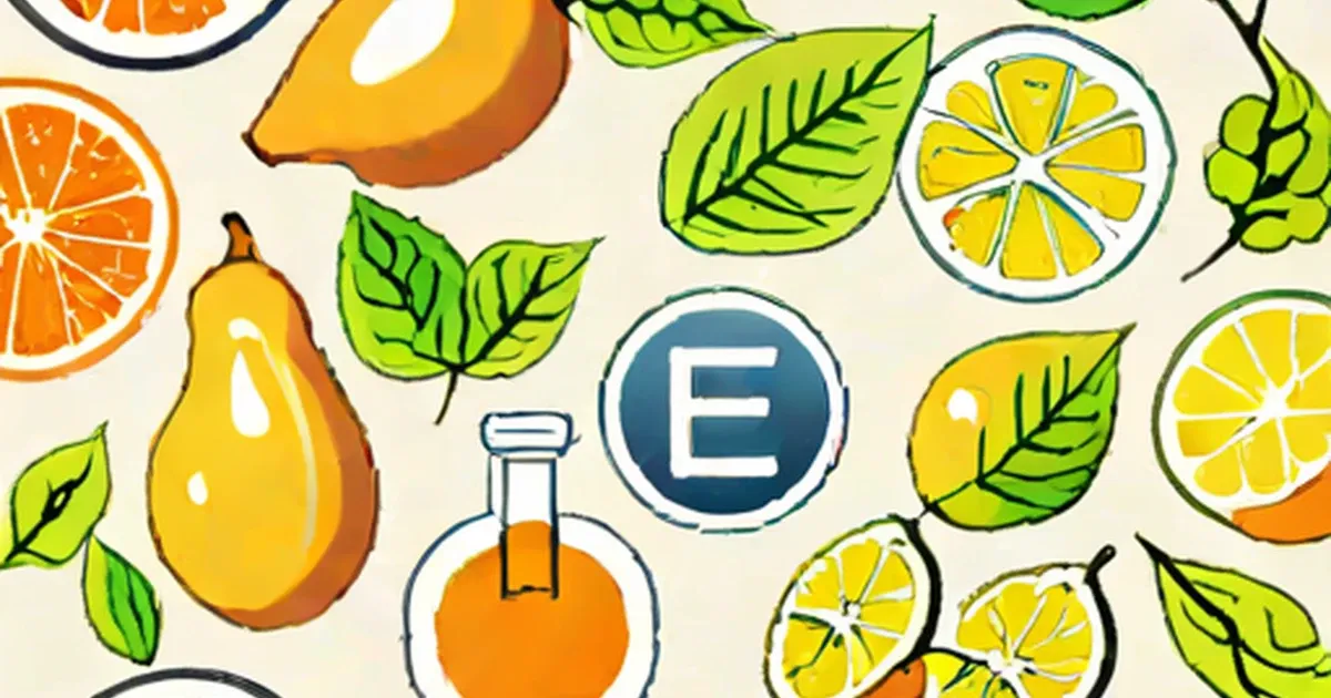 Cartoon-style illustration featuring orange and lemon halves, a pear, oil bottle, and fresh green leaves