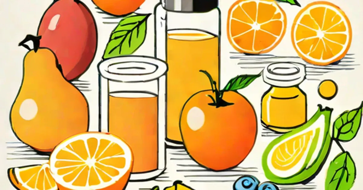 Citrus fruits, pear, juice, avocado, blueberries, and a supplement bottle