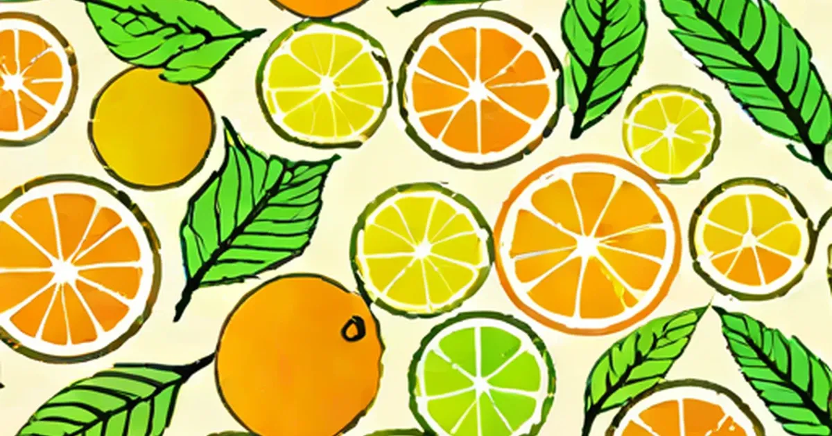 Sliced and whole oranges and lemons with green leaves