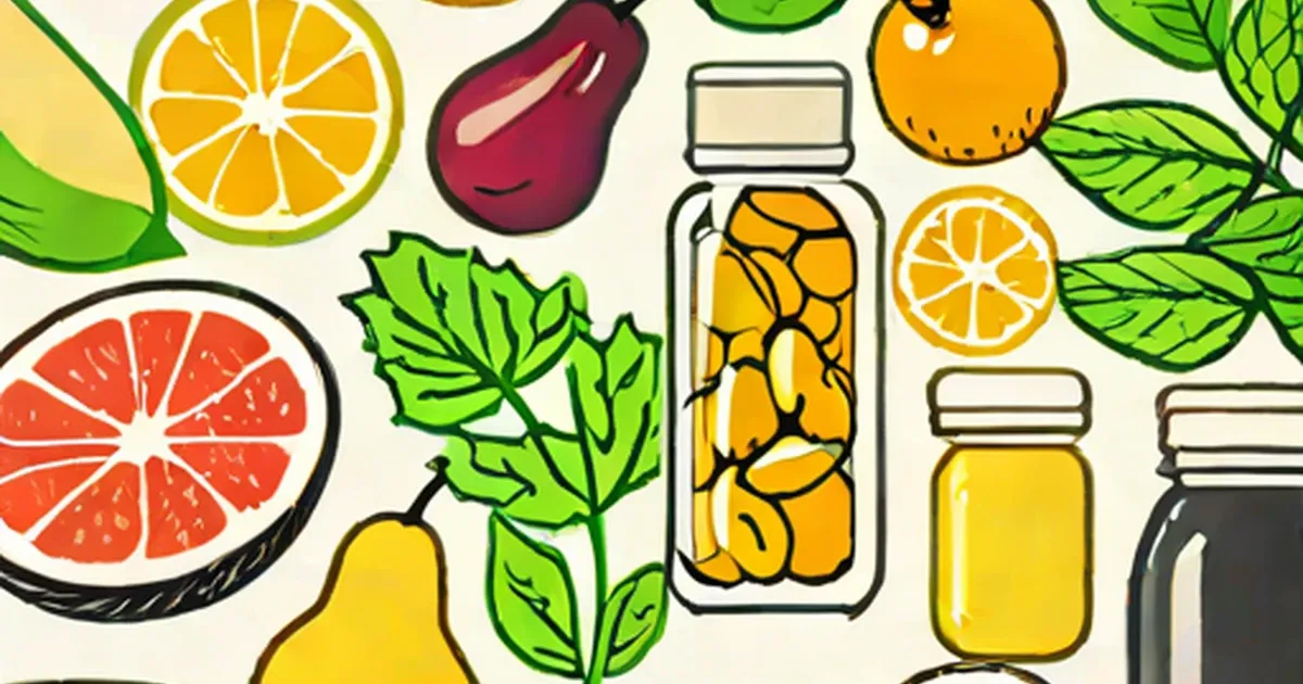 Illustrated assortment of citrus fruits, leafy greens, avocado, and supplement bottles