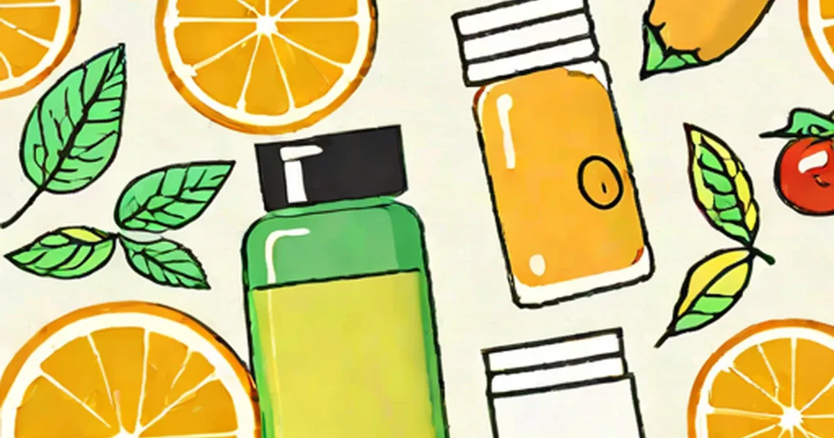 Colorful illustrated vitamin bottles with citrus slices, mint, and tomato