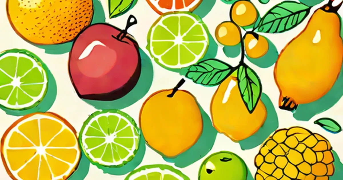 Red apple, oranges, lemons, limes, pears, pineapple, and berries