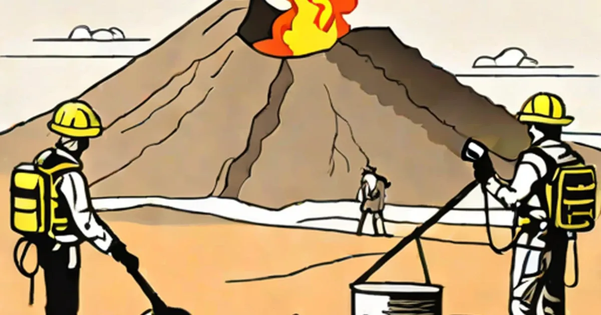 Volcanologists in protective gear and hard hats study an erupting volcano