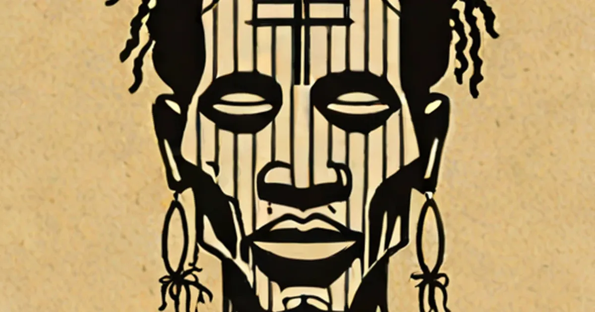 Voodoo mask with vertical face lines and hanging circular earrings