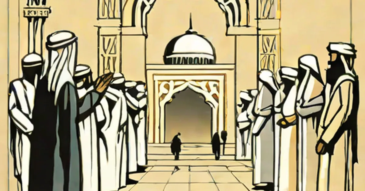 Islamic mosque interior with figures in traditional dress standing beneath ornate arches