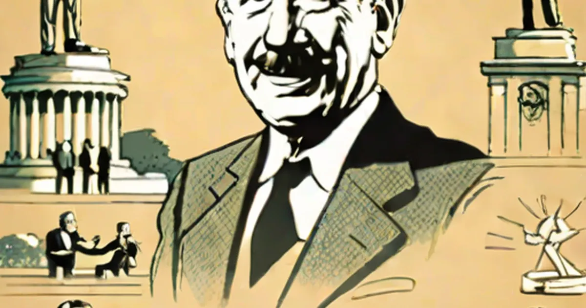 Walt Disney illustrated in formal attire, surrounded by classic Hollywood imagery