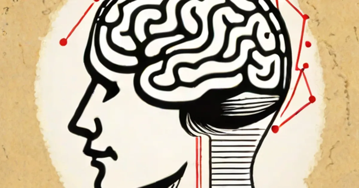Brain diagram in profile with red warning network nodes
