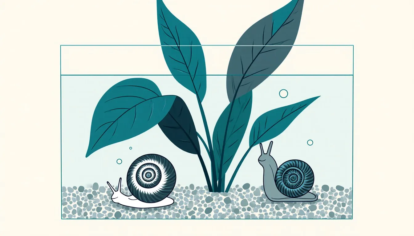 Illustration of freshwater aquarium snails with ram's-horn and pond-snail shells resting on plant leaves