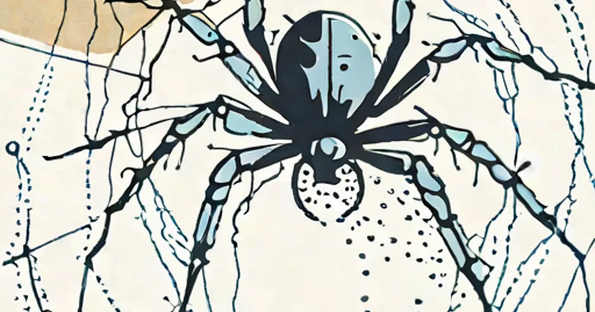 Drawing of a water spider with dark body and blue-tinted segments around an air bubble