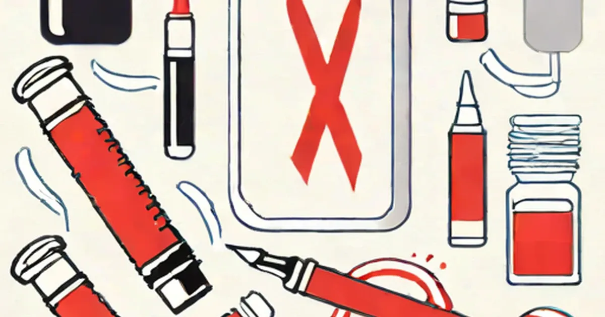 Red AIDS ribbon with syringes, condoms, lubricant bottles, and medical supplies