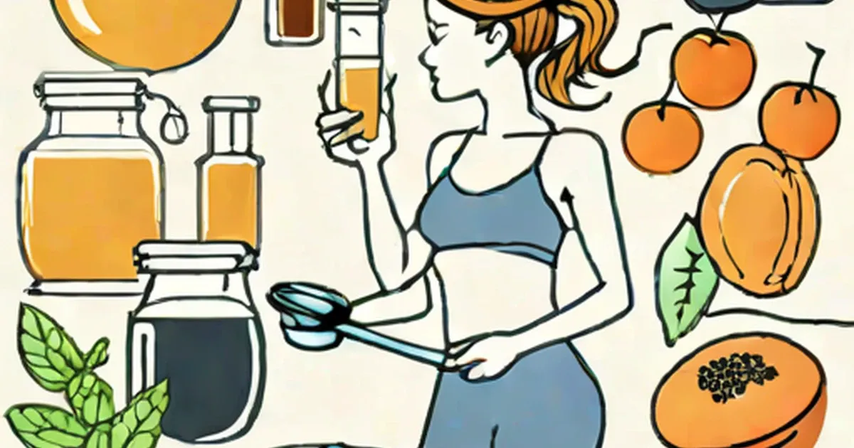 Woman in sports wear drinking juice surrounded by fresh fruits and herbs
