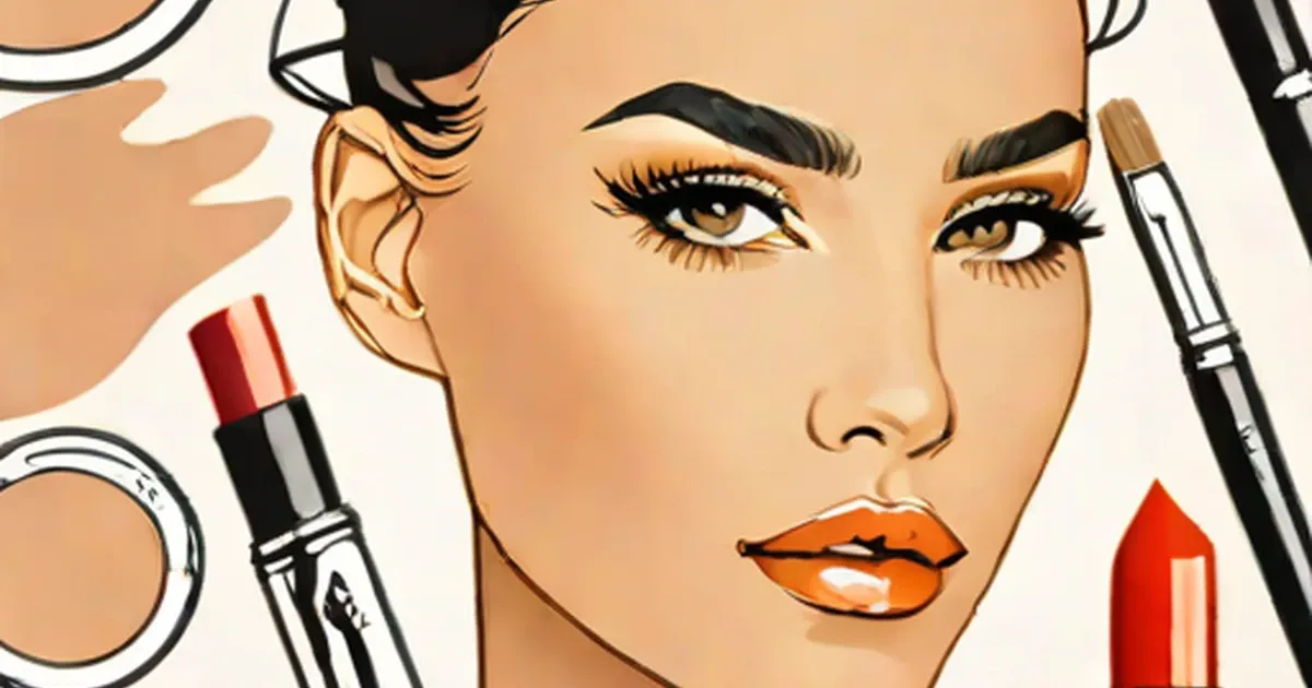 Woman with dramatic black eyeliner and orange lipstick among makeup tubes and brushes