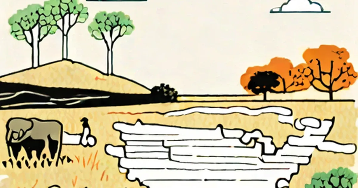 Cross-section illustration showing landscape with trees, an elephant, and underground layers