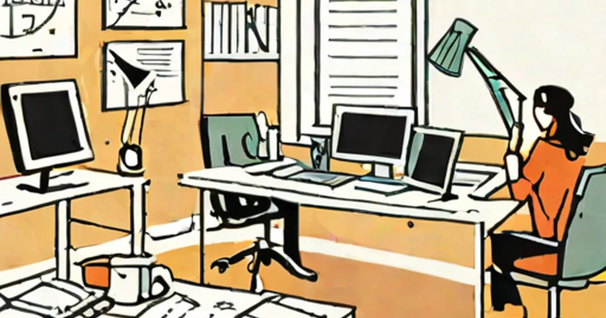 Web designer at a desk with multiple monitors, desk lamp, coffee, and sketches