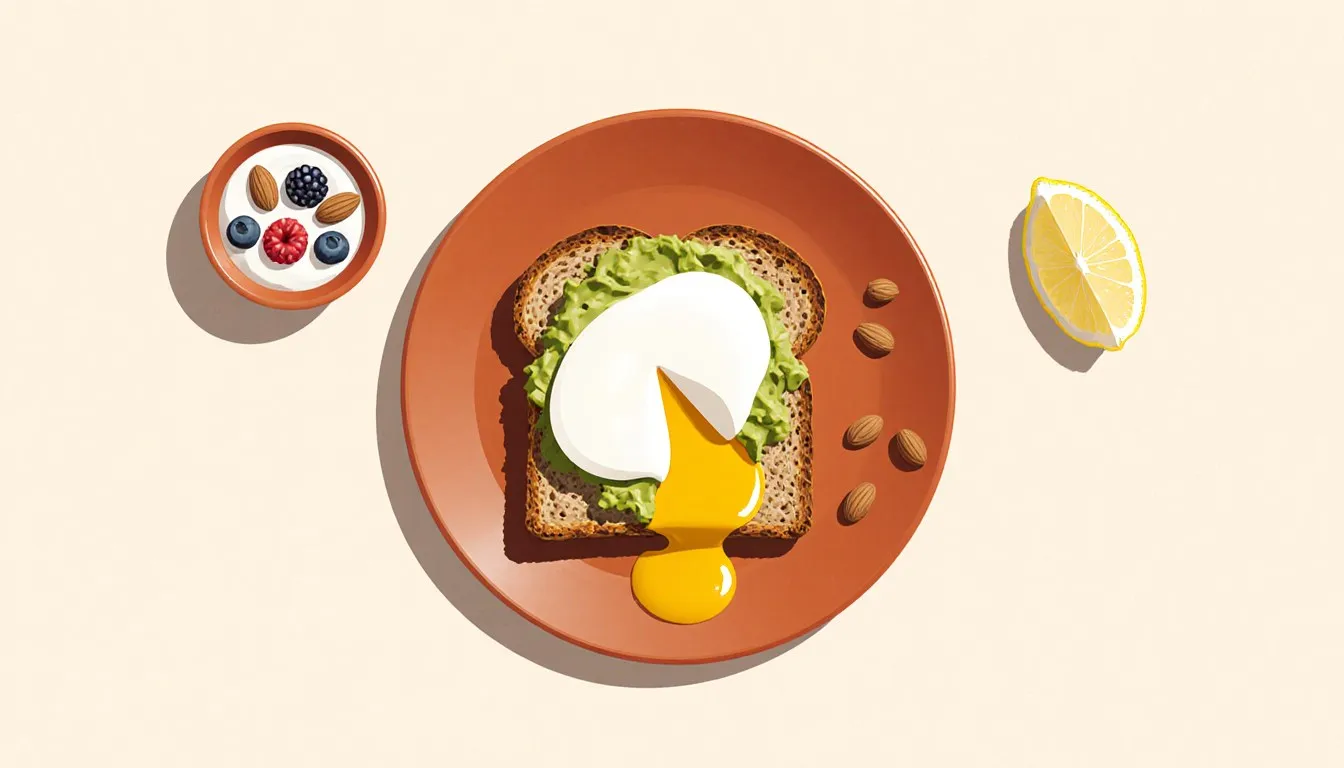 Whole-grain avocado toast with a poached egg beside a bowl of yogurt and berries, a typical Mediterranean diet breakfast