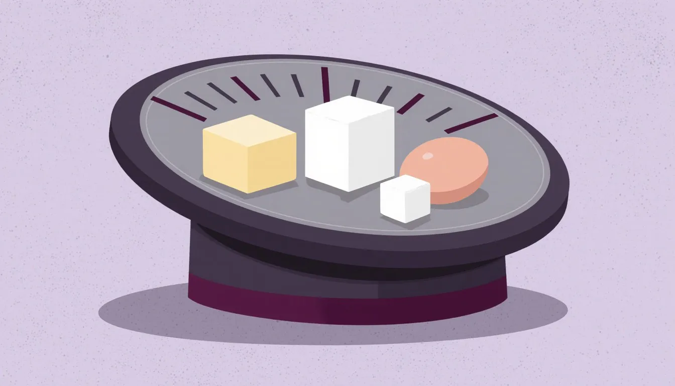 A kitchen scale weighing a pat of butter, two sugar cubes, and an egg together on its platform