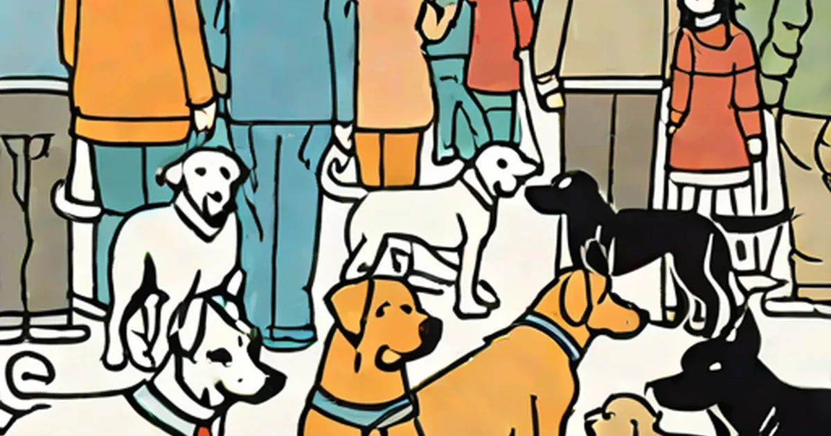 Several dogs of different colors surrounded by people