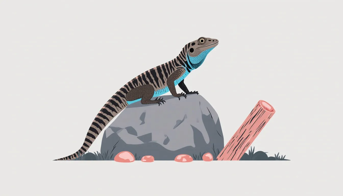 A western fence lizard basking on a rock, its blue throat and belly visible, beside a log habitat feature.