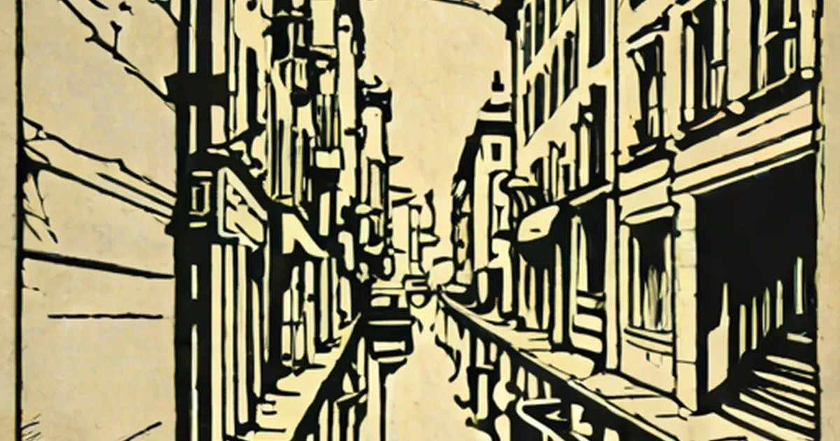 Narrow European street lined with tall buildings, rendered in sepia wet plate tones
