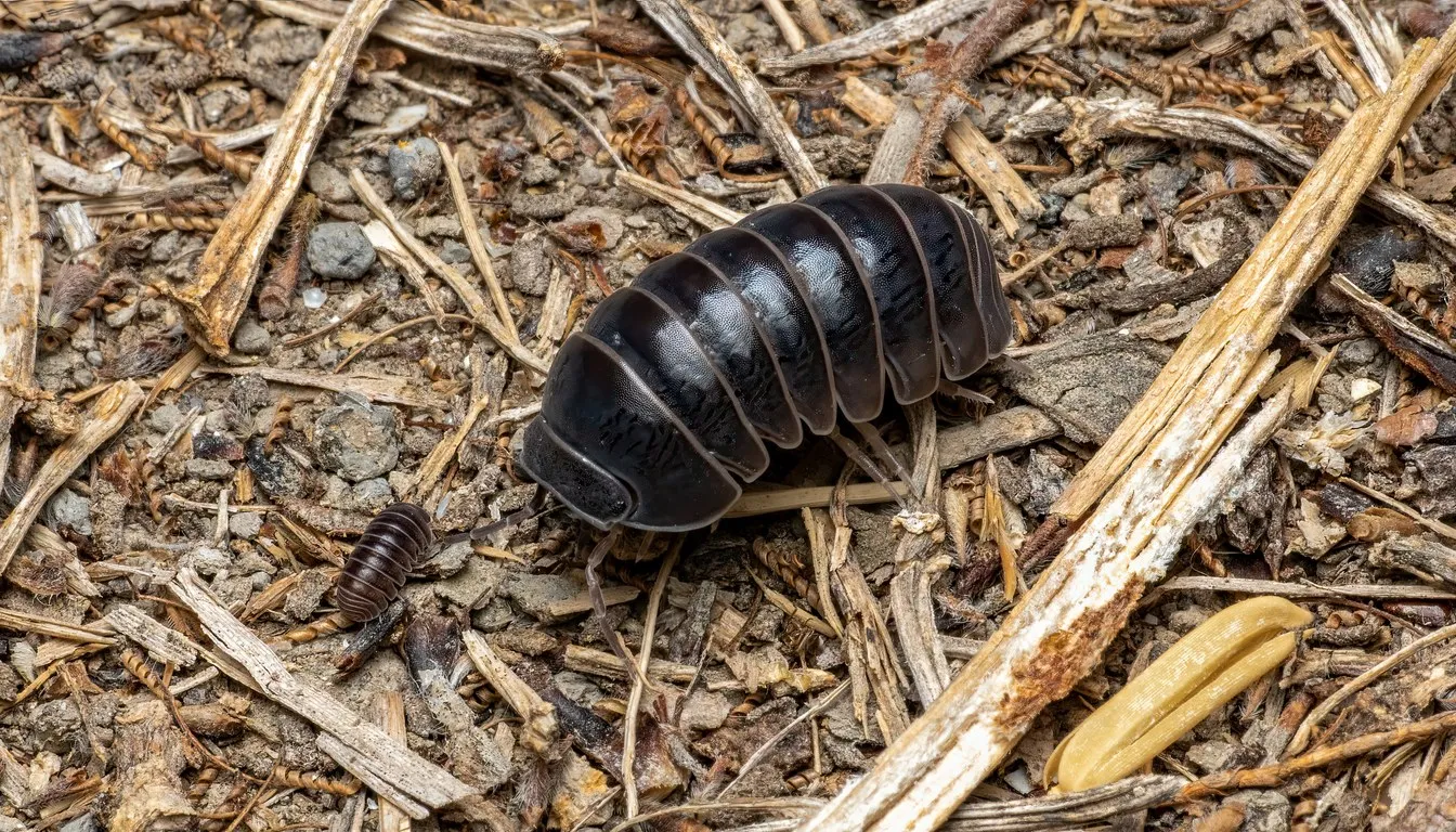 A pill bug on dry soil among plant debris