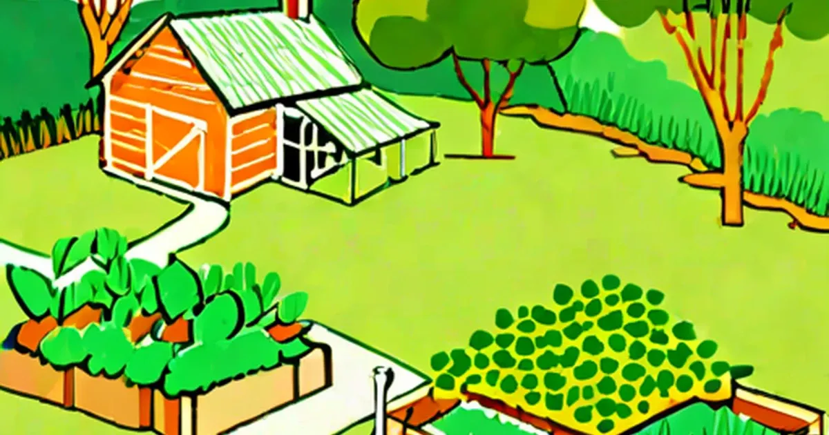 Illustrated permaculture homestead with garden beds, cottage, and fruit trees on green land