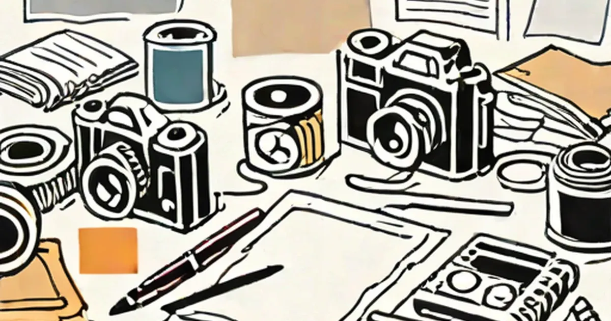 Collection of media tools and equipment including cameras, newspapers, and brushes