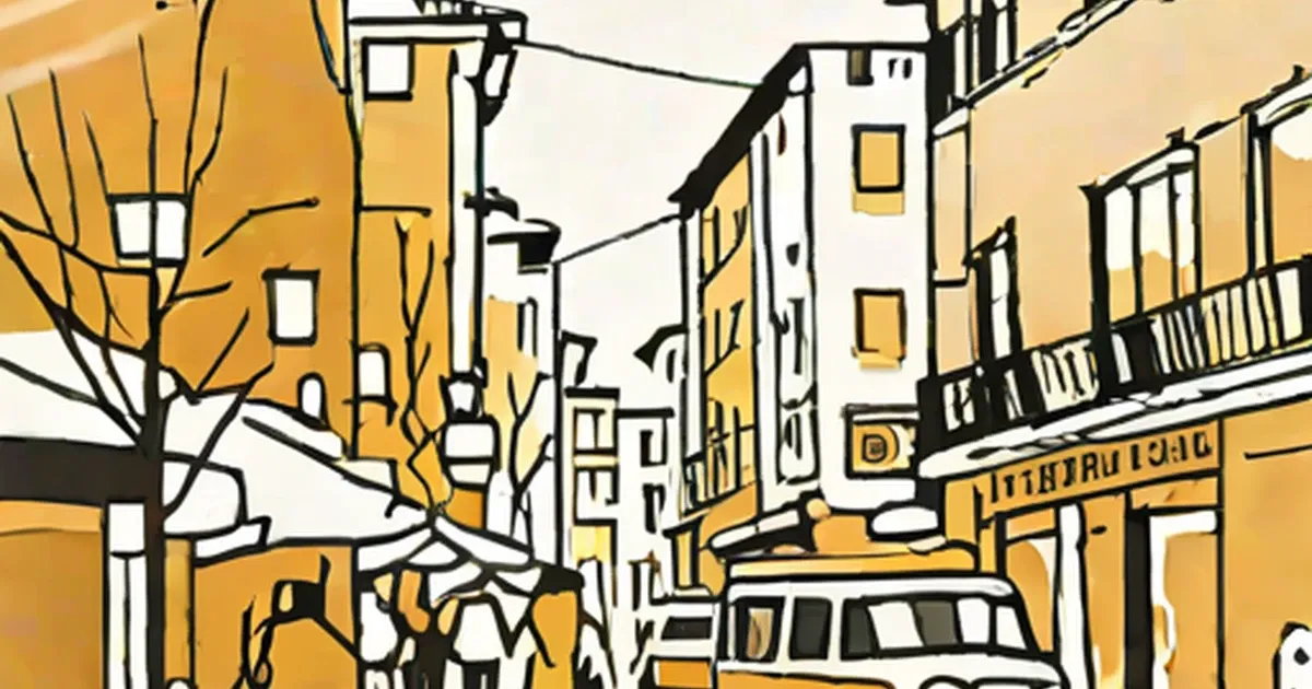 Urban streetscape illustration with yellow buildings and bare tree