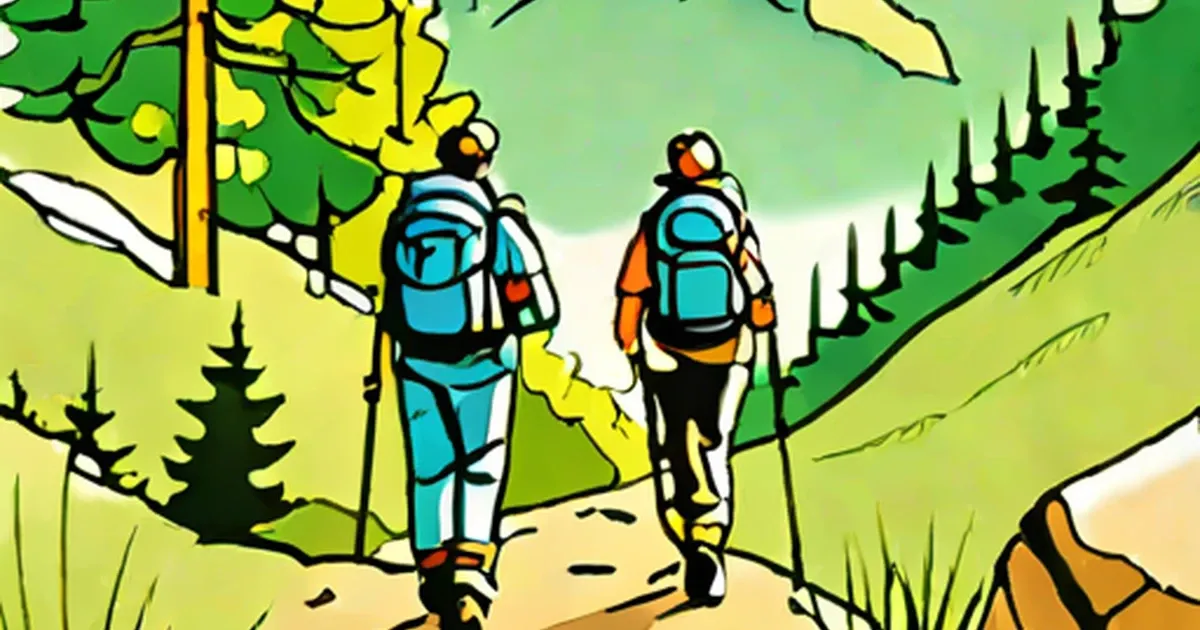Two hikers with backpacks on a trail surrounded by pine trees and green hills