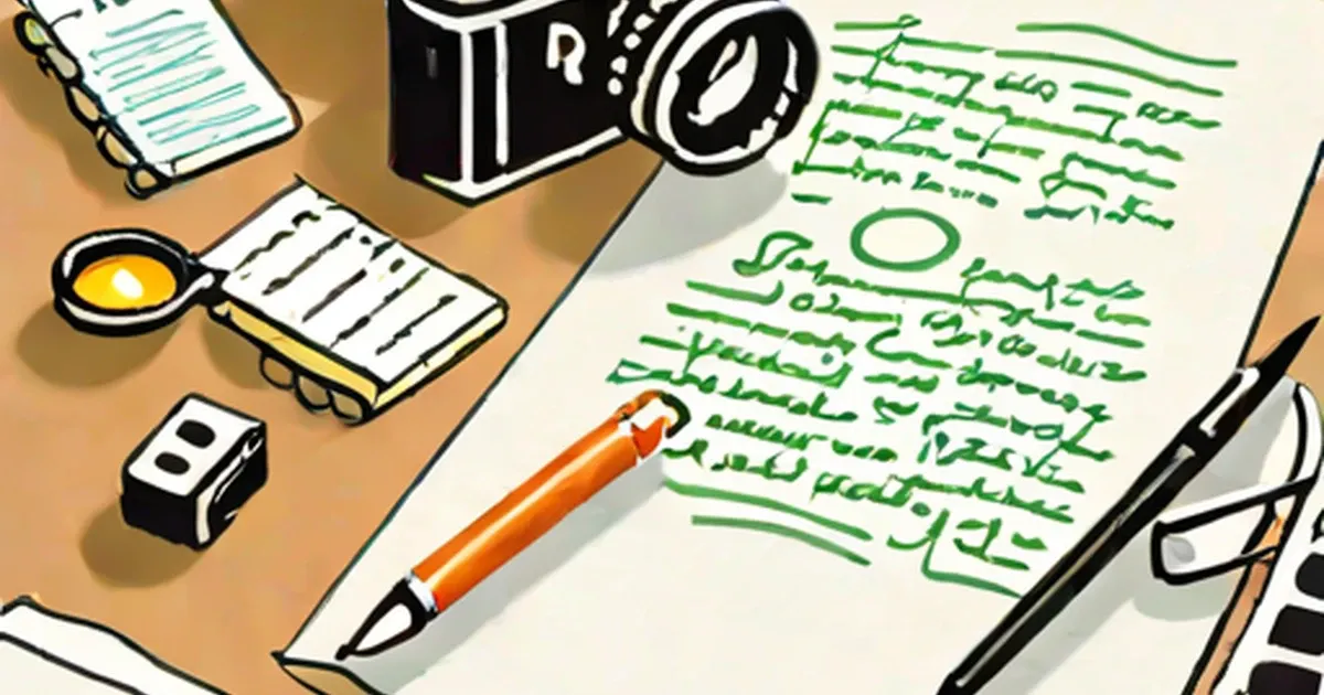 Journalism tools arranged on a desk: notebook, camera, magnifying glass, pen, and edited manuscript
