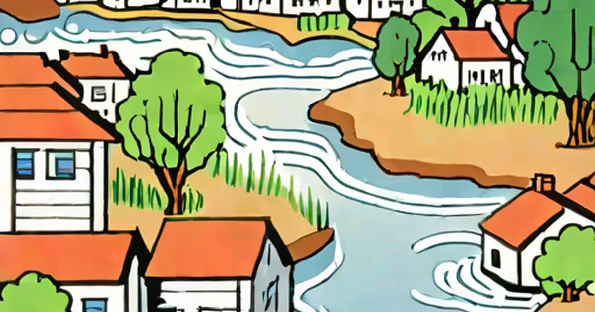 Houses and trees illustrated beside a winding blue river