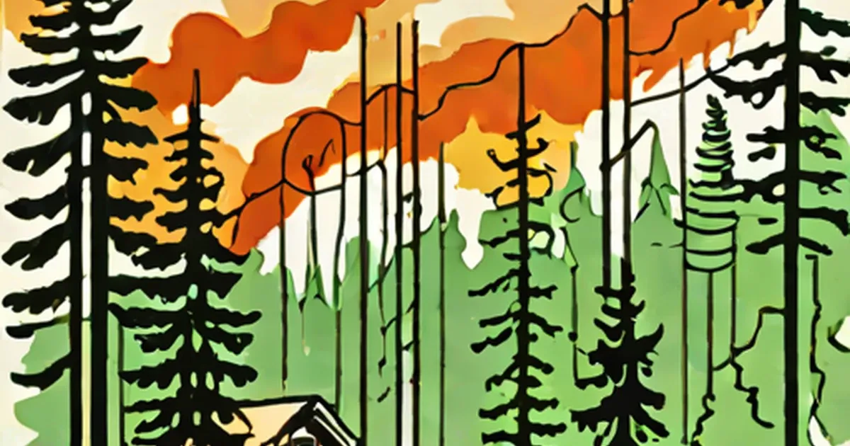 Stylized forest with orange flames and smoke consuming trees on the left, green trees on the right