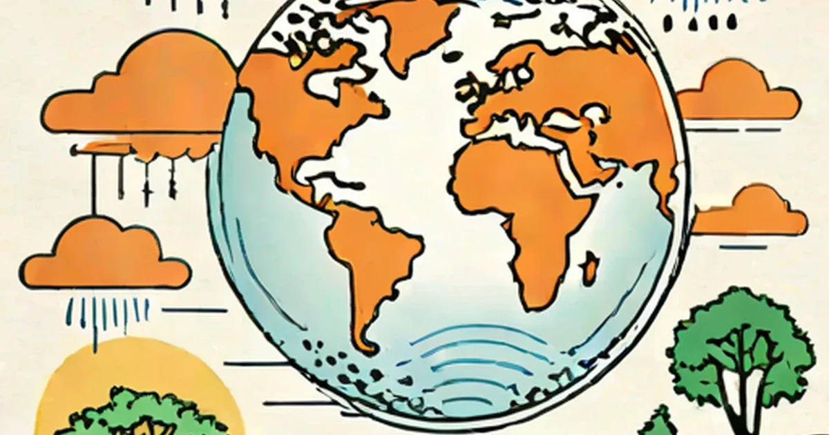 Cross-section of Earth showing rain clouds, tropical sun, trees, and thermal circulation