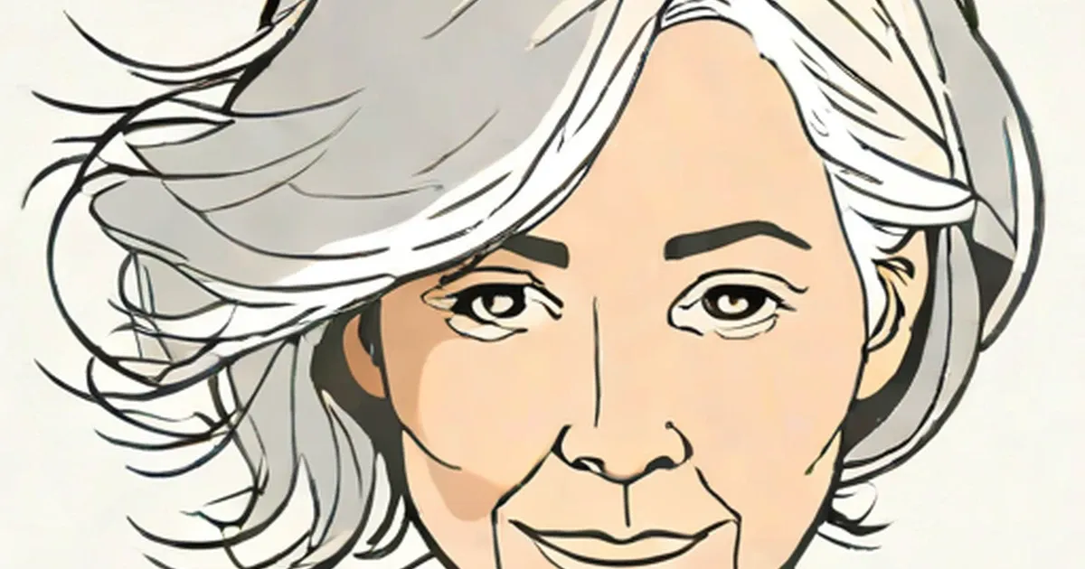 Line drawing of an older woman with gray hair