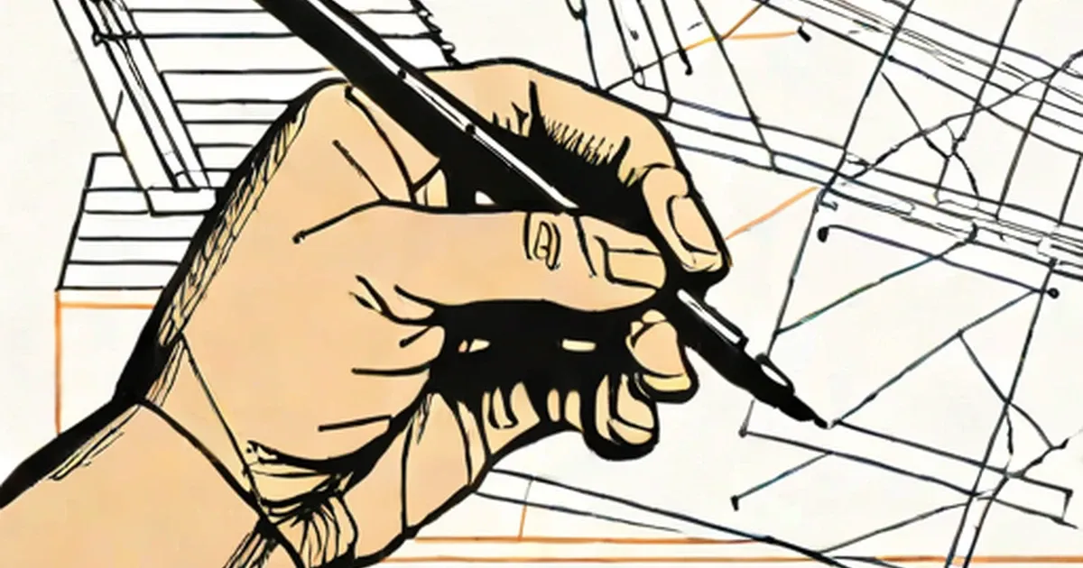 Left hand holding a pen over sketched lines