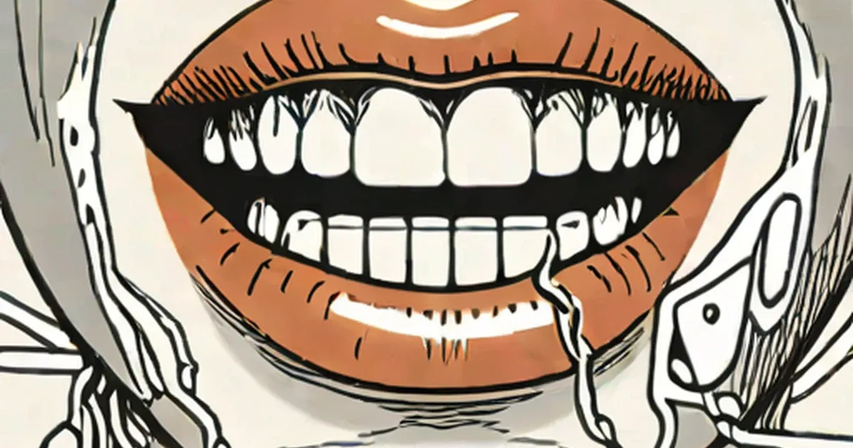 Stylized illustration of an open mouth with white teeth and orange tongue