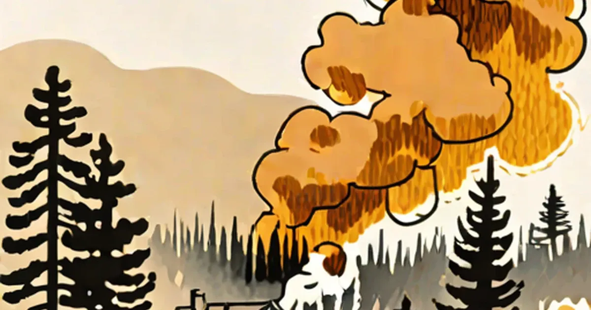 Forest fire with orange smoke clouds rising above silhouetted trees